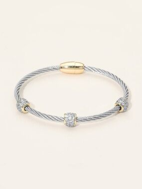14K Gold Plated Two Tone CZ Stone Paved Cluster Twisted Magnetic Bangle Bracelet